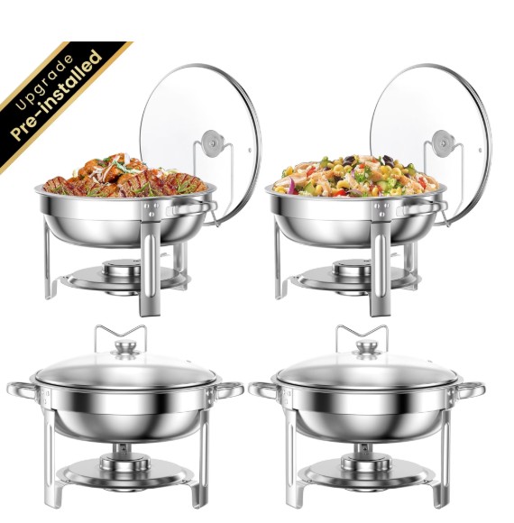 Chafing Dish Buffet Set 4 Pack: TINANA 5QT Stainless Steel Chafing Dishes for Buffet with Glass Lid & Lid Holder, Round Chafers and Buffet Warmers Sets for Parties, Events, Wedding, Camping, Dinner