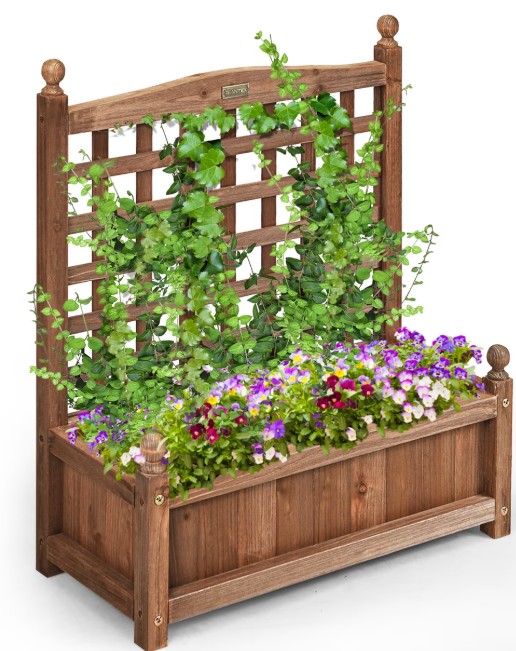 Costway Solid Wood Planter Box with Trellis Weather-Resistant Outdoor 25”x11”x30”