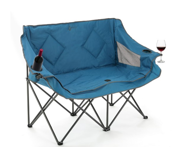 ARROWHEAD OUTDOOR Portable Folding Double Duo Camping Chair Loveseat w/ 2 Cup & Wine Glass Holder, Heavy-Duty Carrying Bag, Padded Seats & Armrests, Supports up to 500lbs, USA-Based Support (Blue)