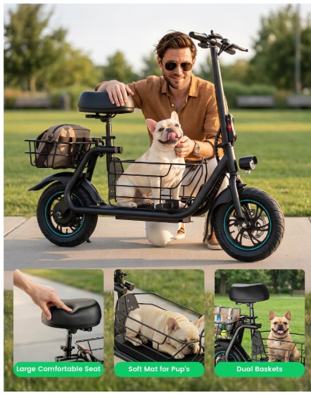 MIHOVER 550W Pet Friendly Electric Scooter with Seat for Small Dogs, 12″ Electric Scooters for Adults, Dual Baskets 36V 7.8AH Battery, UL2272 Certified