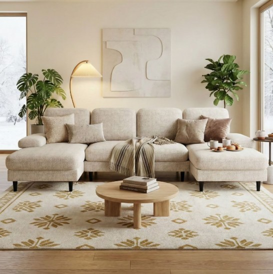 CONCETTA U Shaped Sectional Sofa Couches with Double Chaise 4-Seat Set, Chenille Fabric Cushion for Living Room Home Furniture, Beige