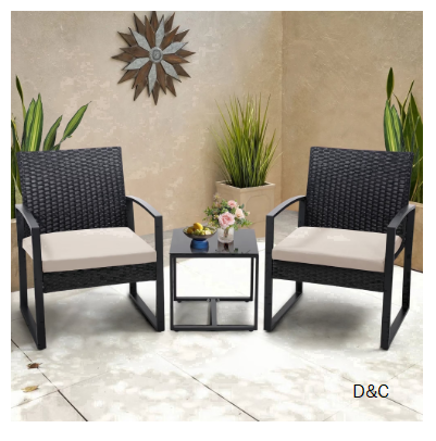 LOGYAT 3 Piece Wicker Patio Bistro Set, All-Weather Rattan Conversation Set with Glass Top Coffee Table, Perfect for Balcony, Porch, Poolside, Black Frame with Beige Cushion