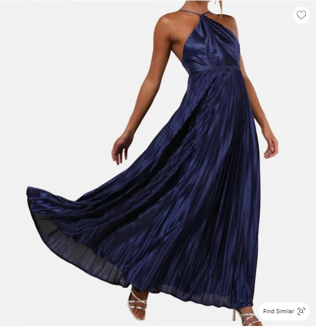 charm satin pleated maxi dress in navy blue