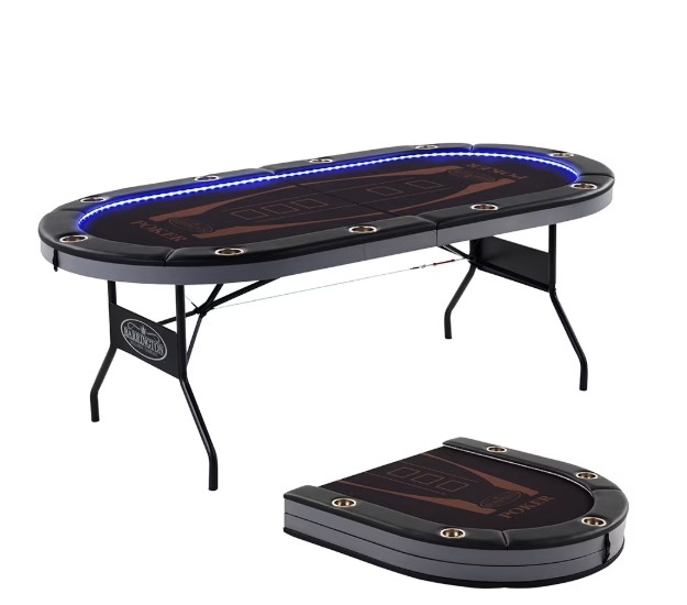 Barrington 10 Player Folding Poker Table with Built-in LED Lighting, Black/Brown