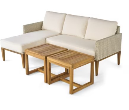 Better Homes & Gardens Outdoor Davenport 5pcs Sofa Lounger with Two Acacia Wood Table with Cushions – White