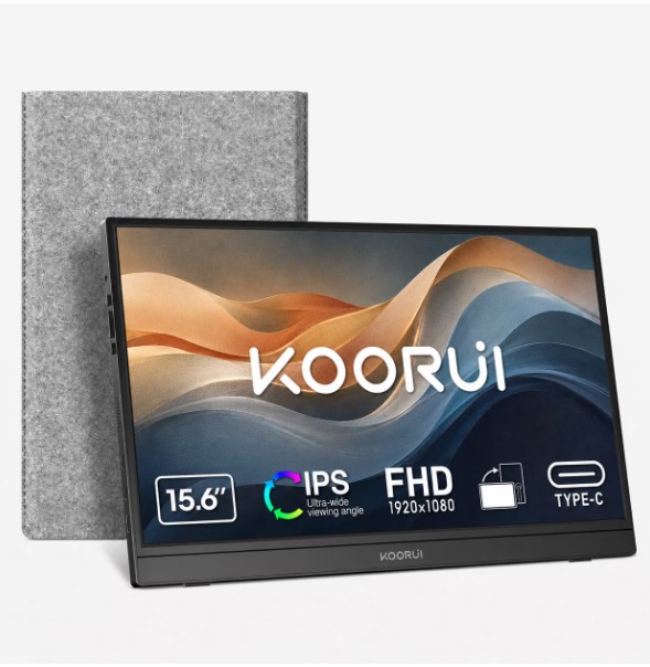 KOORUI 15.6″ Portable Monitor for Office, Business, IPS FHD (1920 x 1080) 60Hz, USB-C & mini-HDMI, Speakers, Protective Sleeve, Tilt & Rotate Stand