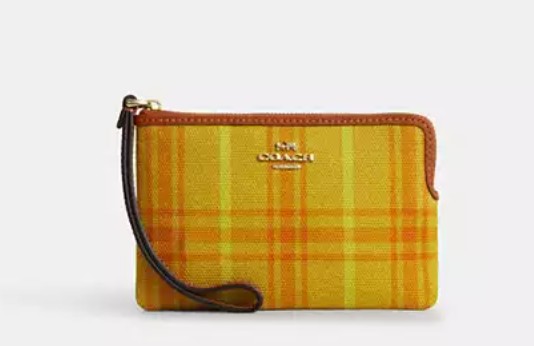 Corner Zip Wristlet In Regenerative Cotton With Plaid Print