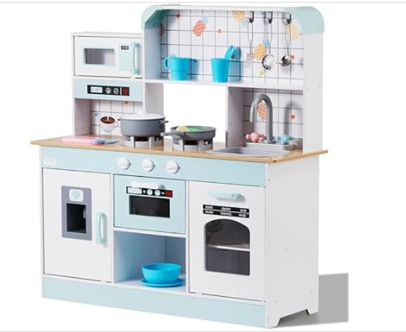 VEVOR Play Kitchen for Kids, Wooden Toy Kitchen Set with Lights and Sounds, Toddler Kitchen with Ice Maker, Oven, Sink, Microwaves, Fridge and Utensil and Fruit Accessory for Toddlers ages 3-8, White