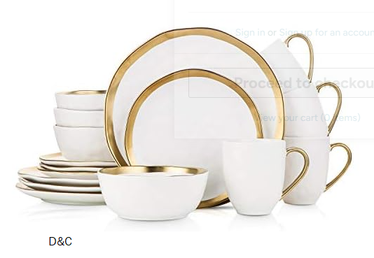 Stone Lain Modern Porcelain 16 Piece Dinnerware Set, Plates and Bowls Set, Dish set for 4, White And Golden Rim
