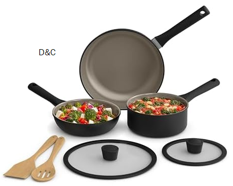 BELLA 7 Piece Cookware Set with EverGood™ Ceramic Nonstick Coating​, Dishwasher Safe Oven Safe, All Stovetops Compatible, Glass Lids with Silicone Rims, Cool Touch Handles, Black