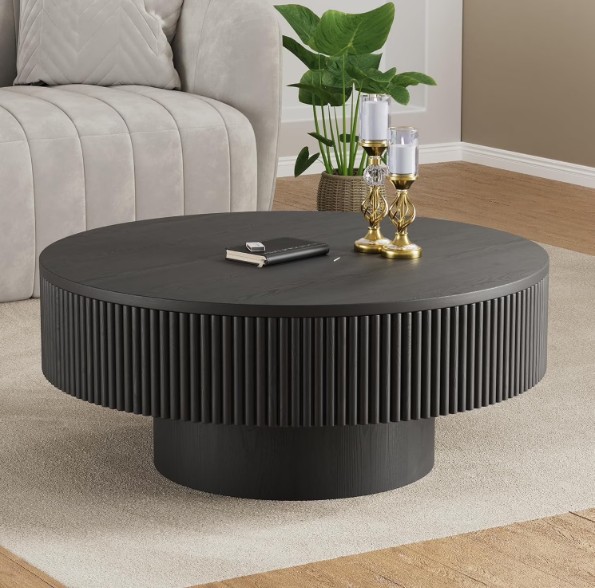 Gelloan 31.5″ Round Fluted Coffee Table, Modern Wood Circle Coffee Table, Veneer Handcrafted Relief Tea Table for Living Room,Black