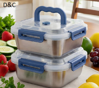 Set of 2 Stainless Steel Food Storage Containers with Blue Airtight Lids and Carry Handles