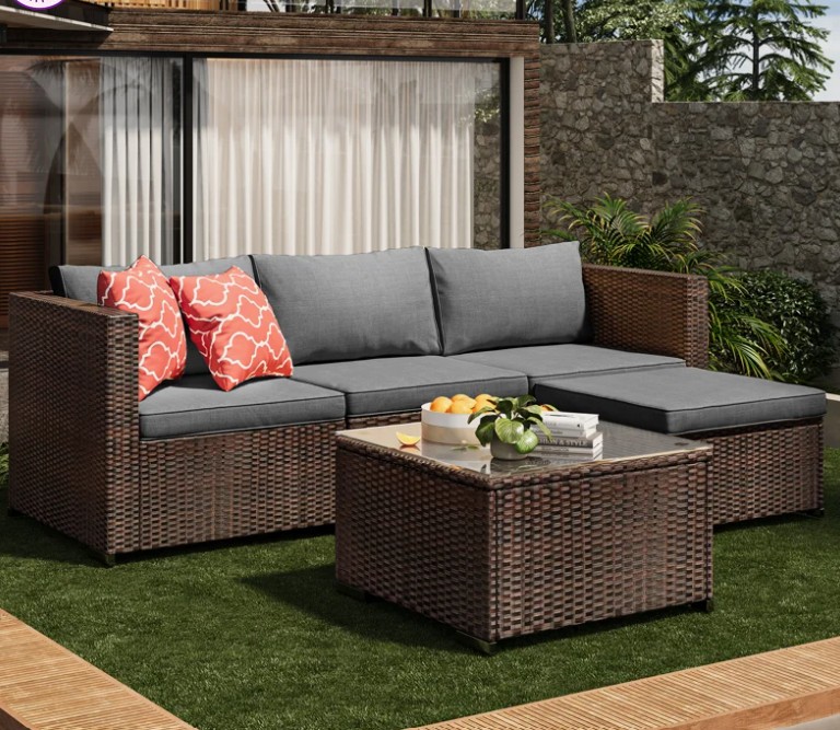 Dossena 5-Piece Outdoor Patio Conversation Set with Cushions, PE Rattan Wicker Reversible Sectional