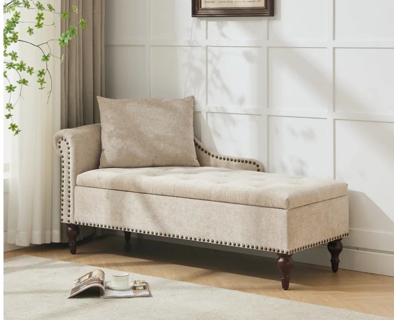 Upholstered Velvet/Chenille Chaise Lounge, Storage Bench with Pillow and Solid Wood Legs