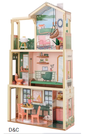 Click & Play Fully Assembled Pop-Up Wooden Dollhouse with 50 Accessories