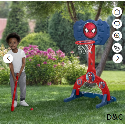 Spider-Man 4-in-1 Sports Center – Adjustable Basketball Hoop, Soccer/Hockey Net & Golf Game, Red