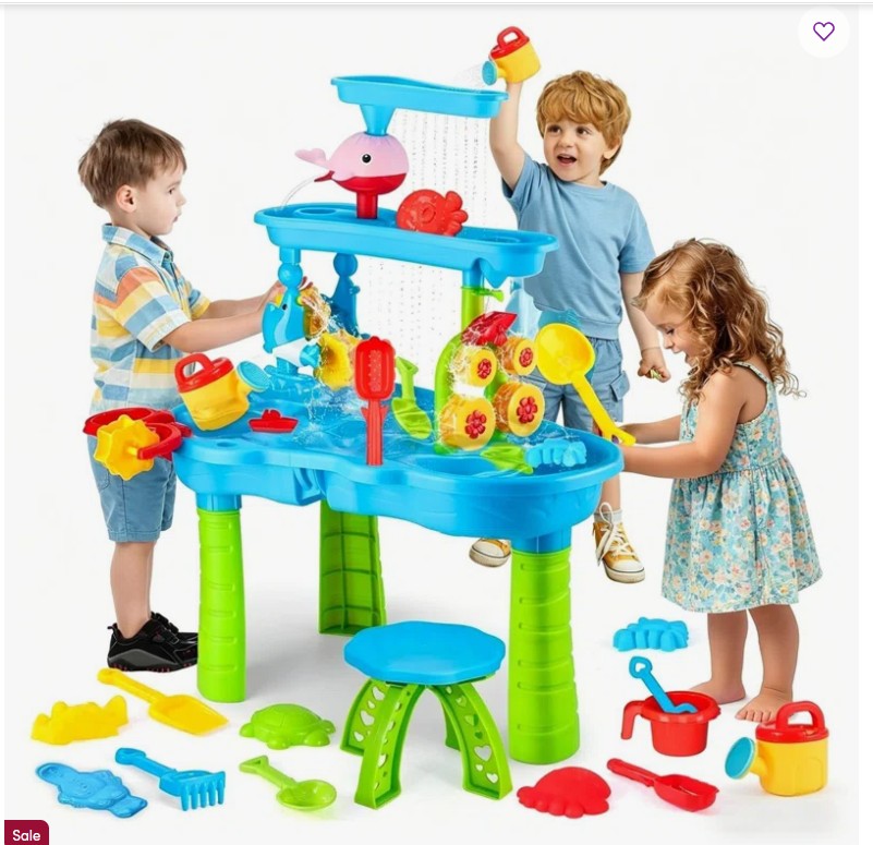 3-Tier Rain Showers Kids Sand Water Table with Chair Indoor Outdoor Plastic Toddler Water Activity Table, Detachable for 3-6 Years Old