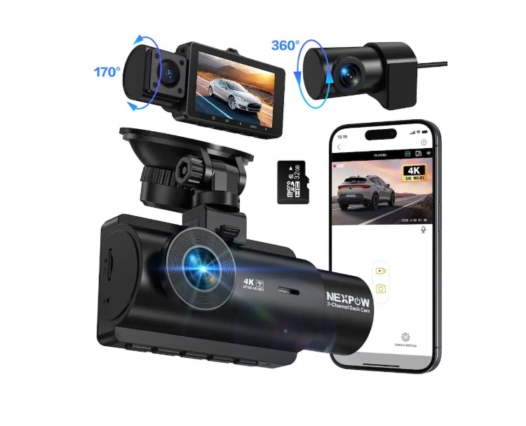 NEXPOW – 3 Channel Dash Cam 4K Front Rear Cabin WiFi GPS 1080P Night Vision WDR G Sensor 32GB