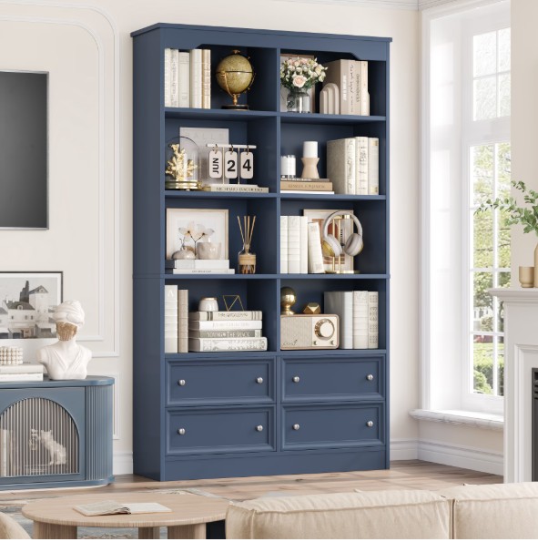 Homfa Double Row 6 Tier Bookcases, 71 in Tall Bookcase Bookshelf with 4 Drawers and 8 Display Cubicles, for Home Office Living Room, Blue