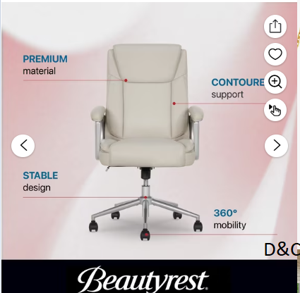 Beautyrest Beyla Ergonomic Manager Office Chair with Padded Armrest for Teens and Adults, Ivory