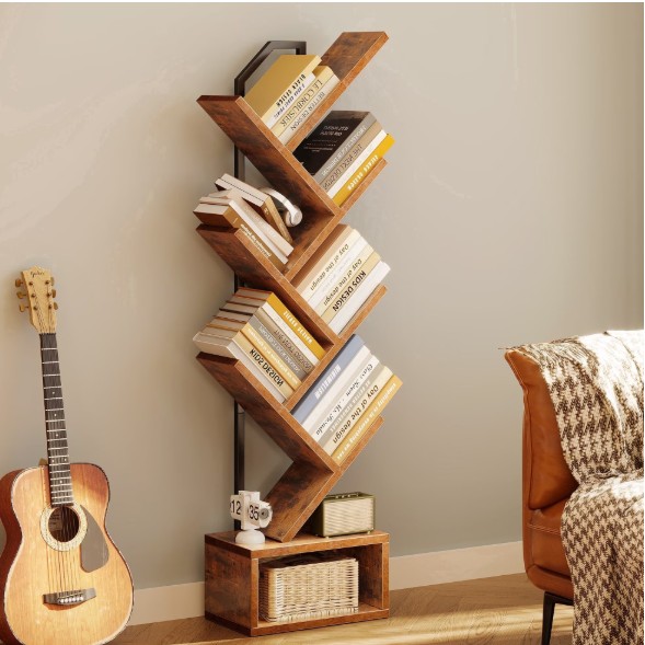 Casacomoda 6-Tier Tree Bookshelf for Corner & Small Space — Narrow Steel & Wood Bookcase, Tall Floor Standing Book Organizer Shelf with Storage Cabinet, Home Decor for Living Room, Bedroom, Vintage
