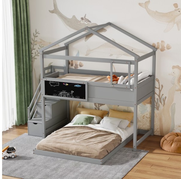 Euroco Twin over Full House Bunk Bed with Storage Staircase and Writting Blackboard for Kids Teens Bedroom, Moverable Lower Bed, Gray
