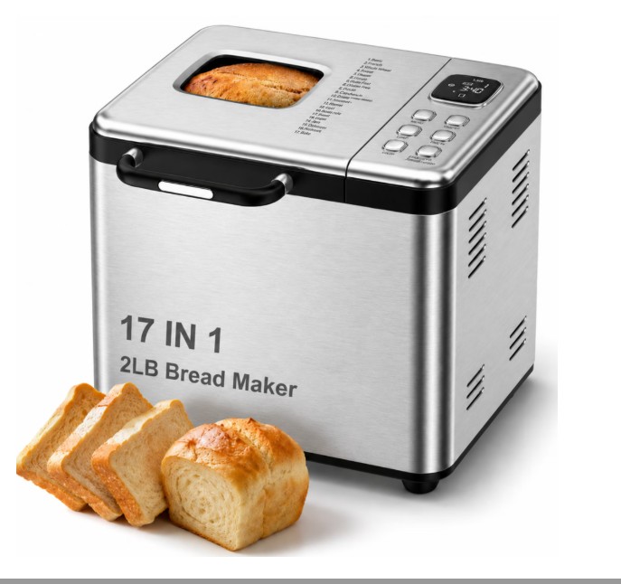 Bread Maker, 17-in-1 2LB Amumu Automatic Bread Machine, LCD Display, Beginner-Friendly Controls, Nonstick Pan, Delay Timer, Keep Warm, Stainless Steel, Silver