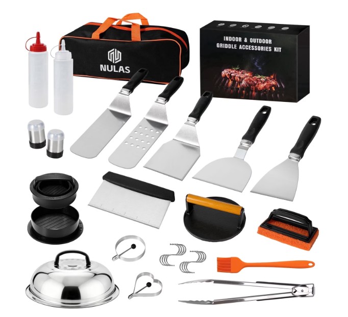 NULAS 27Pcs Griddle Accessories Kit with Spatula & Burger Press, Flat Top Grill Tools for Blackstone Outdoor BBQ