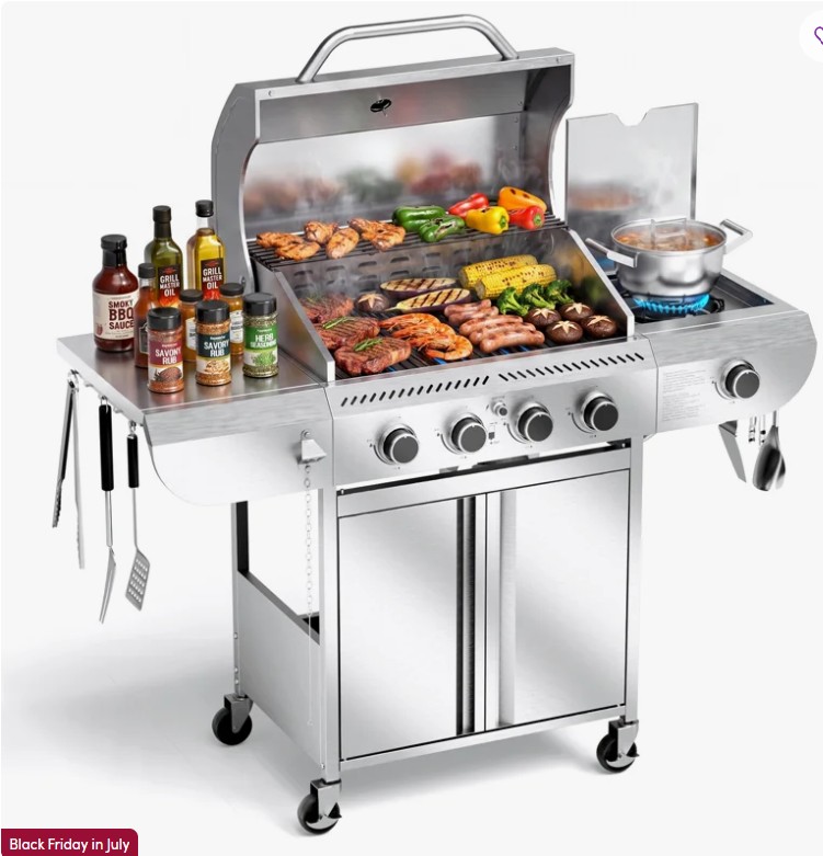4-Burner Propane Gas Grill with Side Burner, 42000 BTU Stainless Steel Outdoor BBQ Grill, Heavy-Duty Cast Iron Grates & Baking Tray, Easy-Clean with Bottom Storage,Wheels for Tailgating