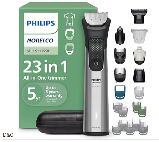 Norelco Philips All-in-One 9000 Series 23-Piece Trimmer – Electric Shaver and Clipper for Face, Beard, Head & Body, Self-Sharpening Full Metal Blades, 29 Length Settings (0.5-16 mm), MG9575/49