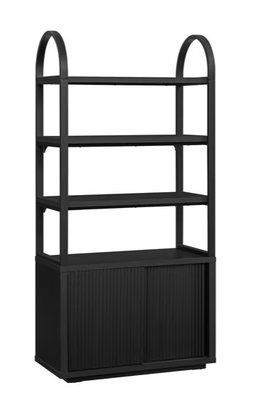 Beautiful Fluted 3-Shelf Bookcase with Storage Cabinet by Drew Barrymore, Rich Black Finish