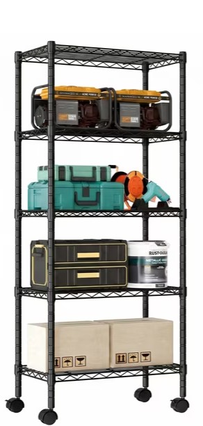 EDX 5 Tier Heavy Duty Adjustable Wire Shelving with Wheels, Storage Racks for Garage Kitchen Pantry Laundry Office, Easy Assembly, 23″W x 13″D x 60″H, Black