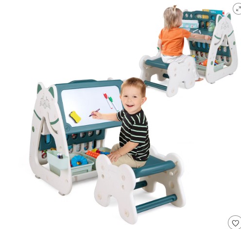 Costway 3-In-1 Kids Art Easel with Stool Magnetic Dry-Erase Board with Book Rack Green