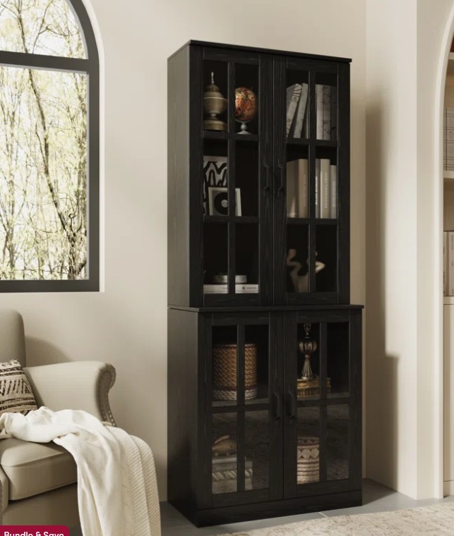 71″ Tall Black Storage Cabinet, Freestanding Bookcase with 4 Glass Doors and Shelves, Display Curio Cabinet for Living Room and Home Office