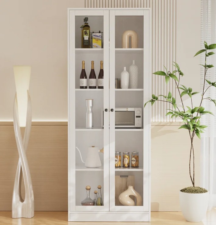 70.9” Kitchen Pantry Cabinet With Glass Door