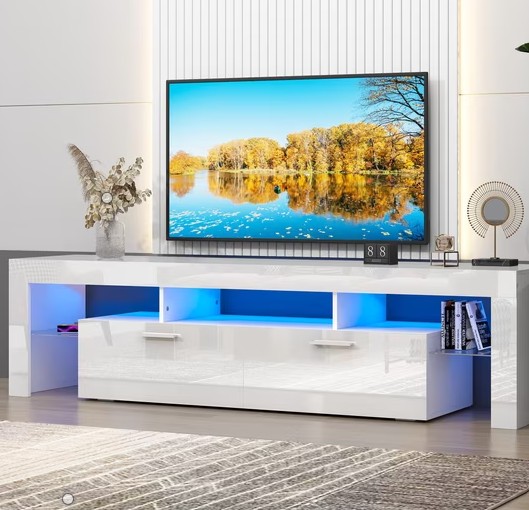 UHOMEPRO TV Stand for TV up to 80″, High Gloss Entertainment Center with RGB LED Lights and Storage Shelves, White Media Console for Living Room