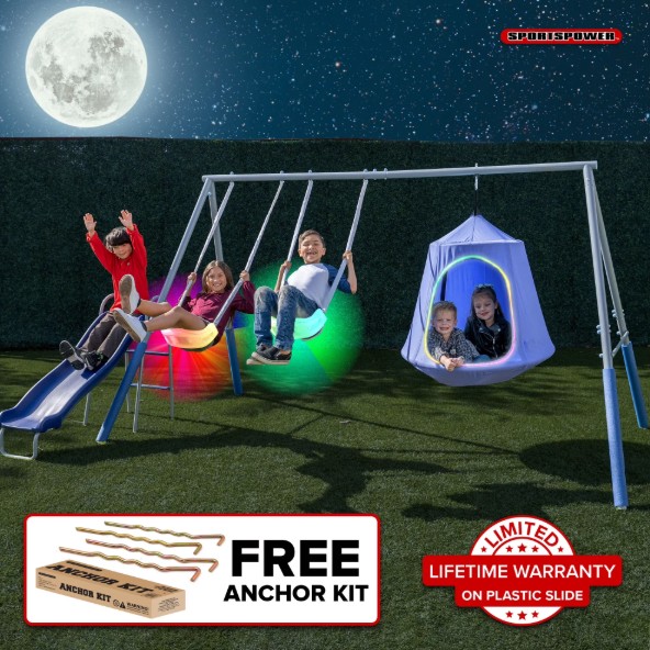 Sportspower Shooting Star Metal Swing Set with LED Swings, 5′ Slide with Lifetime Warranty, & Bonus Anchor Kit, Great for Kids Aged 3-8