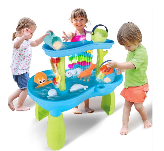 JBeeCtrl Water Table for Toddlers, 2-Tier Sand and Water Play Table Toys for Toddlers Kids, Outdoor Activity Sensory Tables Outside Beach Toys for Toddler Boys Girls Age 1-3 3-5