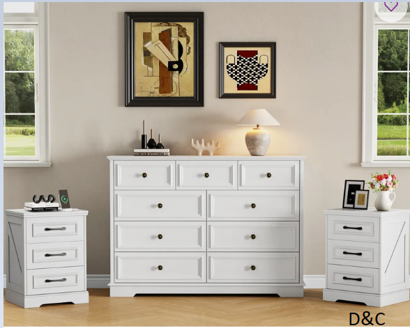 3-Piece Bedroom Set: Wide 9-Drawer Dresser & 2 Nightstands With Charging Station,Vintage Farmhouse Style