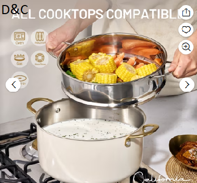 CAROTE 8QT Tri-Ply Stainless Steel Stock Pot with Steamer Insert, 5-Piece Cooking Pot Set with Silicone Utensils, White
