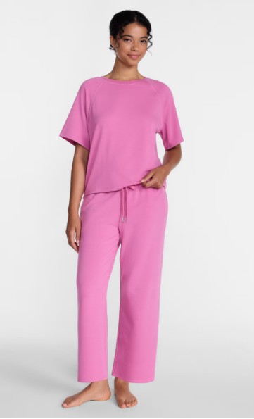 Joyspun Women’s French Terry Lounge Sleep Short Sleeve Top and Capri Pants Set, 2 Piece, Sizes XS-3X