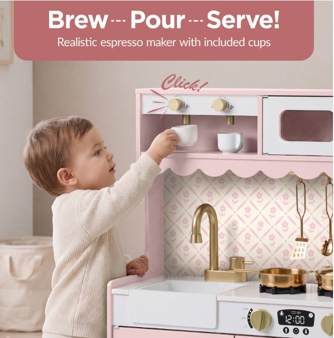 Best Choice Products – Wooden Cottage Kids Pretend Play Kitchen with 11 Accessories, Espresso Machine – Pink