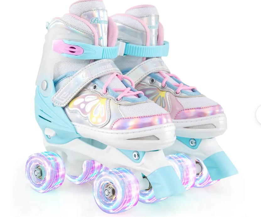 Costway – 4 Sizes Adjustable Quad Skates with Light-up Wheels Safety Protection for Ages 13+ – Blue