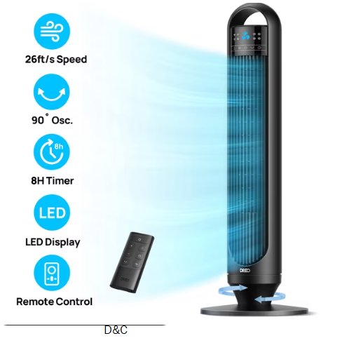 DREO Tower Fans for Home, 32″ Standing Floor Fan, 26 ft/S Bladeless Fan with Remote, 90° Oscillating, 3 Modes, 3 Speeds, LED Display, 8H Timer, 22dB Ultra Quiet Room Fan