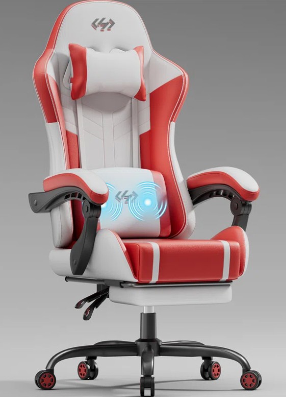HLDIRECT Gaming Chair, Ergonomic Video Game Seat with 360° Swivel & Lumbar Massage, Computer Chair PU Leather Cushion for Adults Home/Office Use (White & Red)