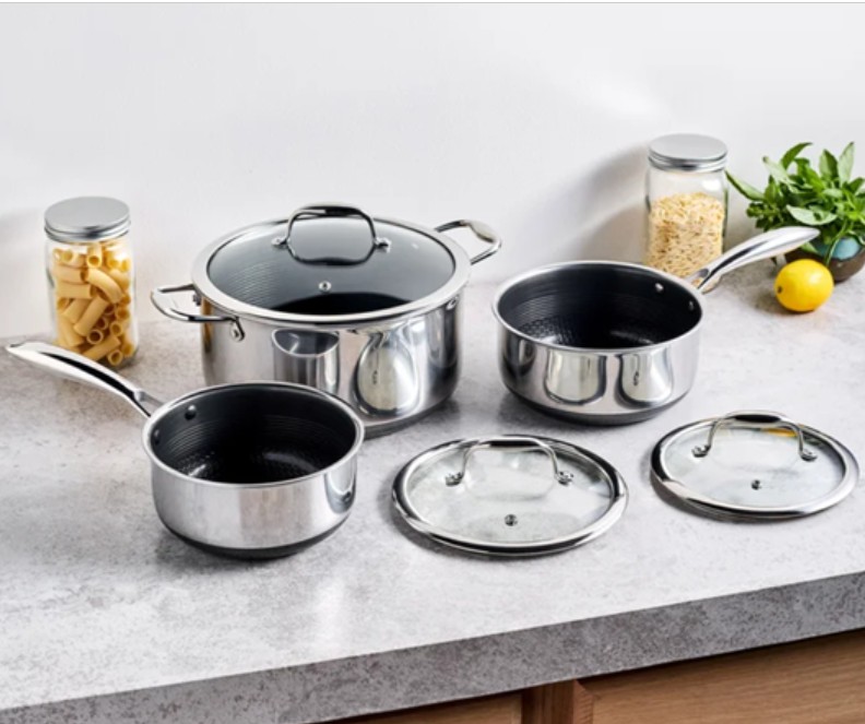 HexClad Hybrid Nonstick 6-Piece Pot Set, 2, 3, and 8-Quart Pots with Tempered Glass Lids, Stay-Cool Handles, Dishwasher-Friendly