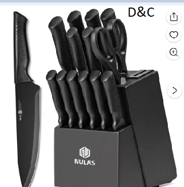 NULAS Knife Set, 14Piece Knife Sets for Kitchen with Block, Dishwasher Safe, Built in Sharpener Block, Black
