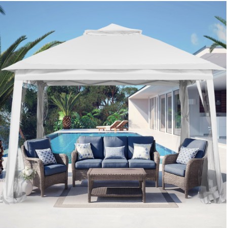Ainfox 11×11 ft Outdoor Patio Pop Up Canopy Gazebo with Heavy Duty Frame, Mosquito Netting & UV Protection,White