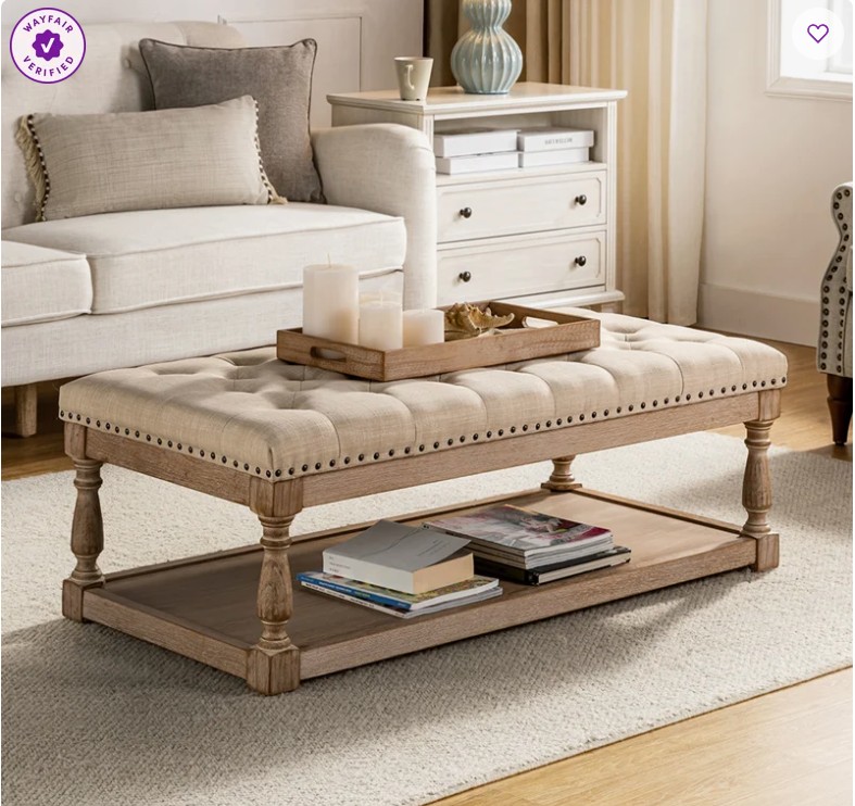 Clymer Farmhouse 47.5″W Tufted Solid Wood Rectangle Cocktail Ottoman with Storage Tray