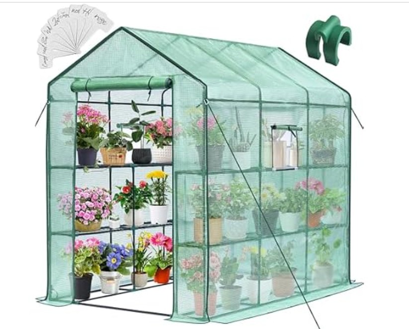 Greengro Greenhouse, 57 x 85 x 76” Portable Green House for Outdoor Indoor | Walk in Plant Greenhouses for Backyard, Heavy-duty Frame, Thickened PE Cover, Screen Windows, 3 Tiers 8 Shelves, Shelf Clips